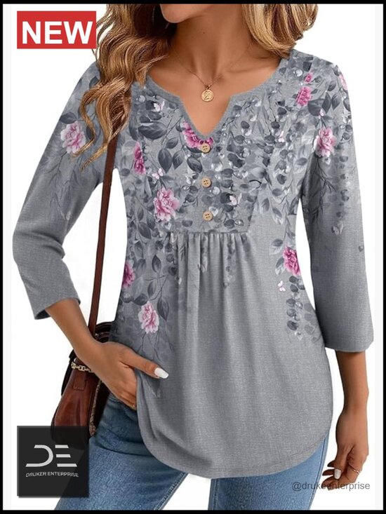 Tops - Womens 3/4 Sleeve V Neck Pleated Tunic Tops Dressy Casual Blouses